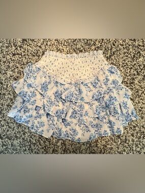 Smocked Waist White Skirt with Blue Floral Ruffles - Kids